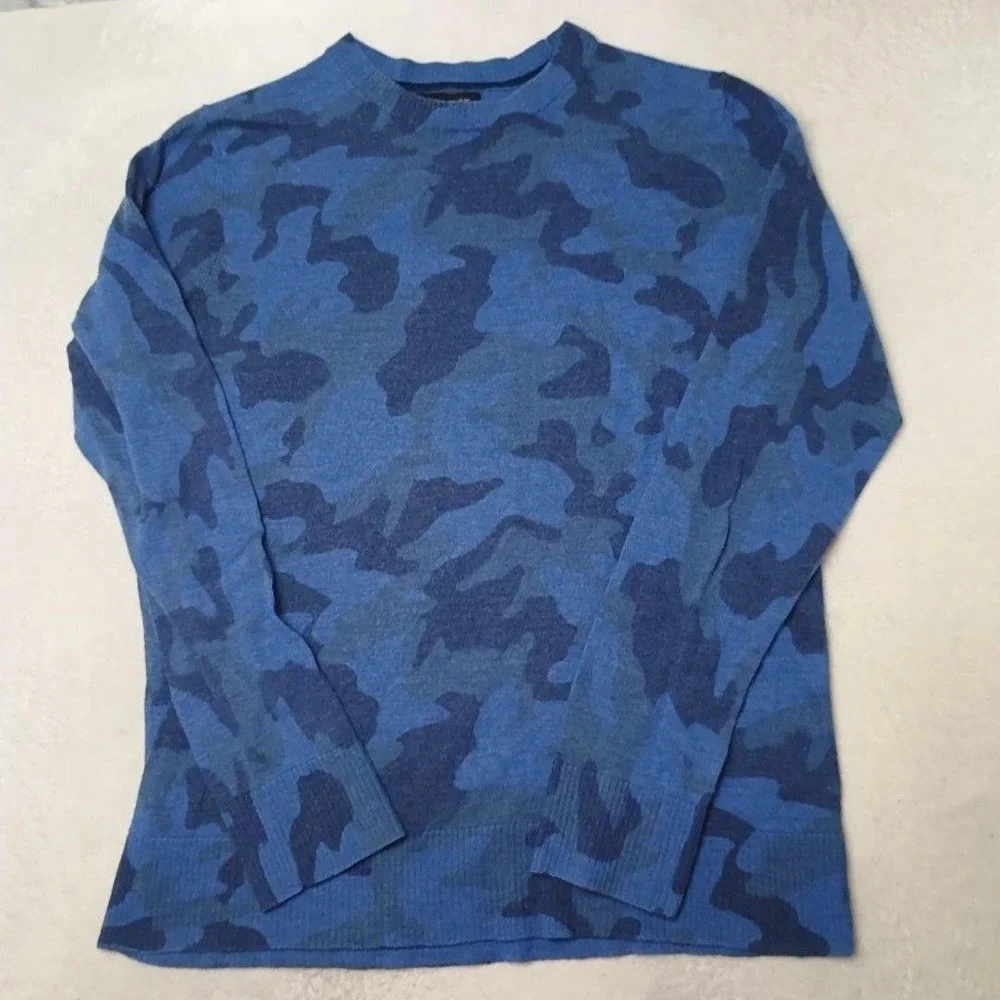 Banana Republic Sweater Mens L Blue Camouflage Pullover Crew Merino Wool SHRUNK